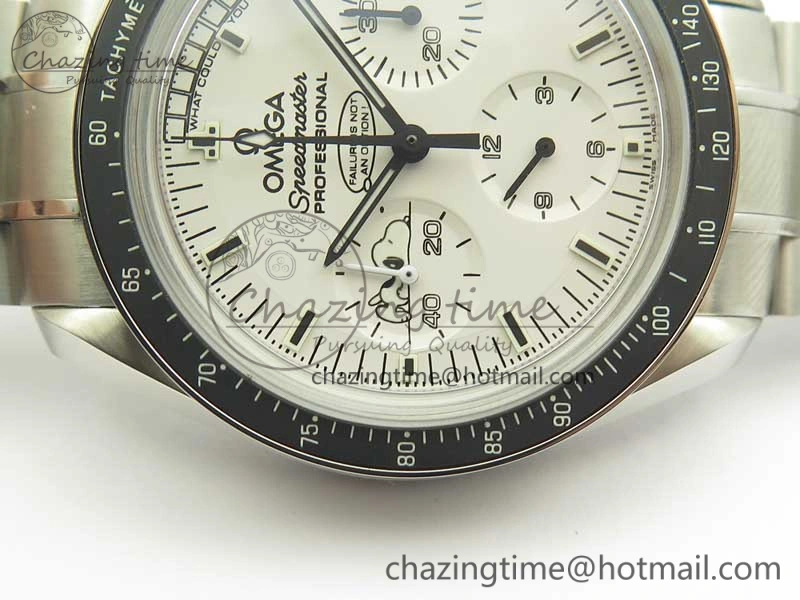 Sophisticated Speedmaster SS Snoopy OMF Best Edition White Dial on SS Bracelet Manual Winding Chrono Movement 7992