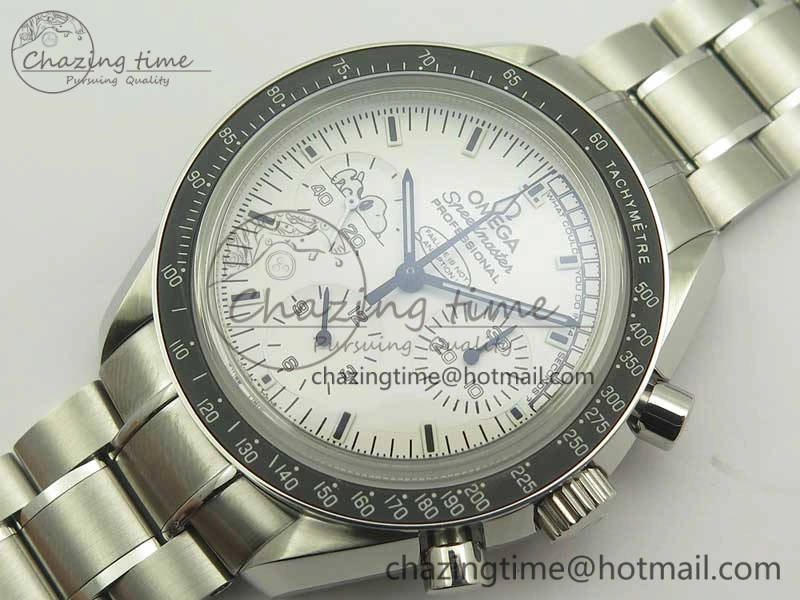 Sophisticated Speedmaster SS Snoopy OMF Best Edition White Dial on SS Bracelet Manual Winding Chrono Movement 7992