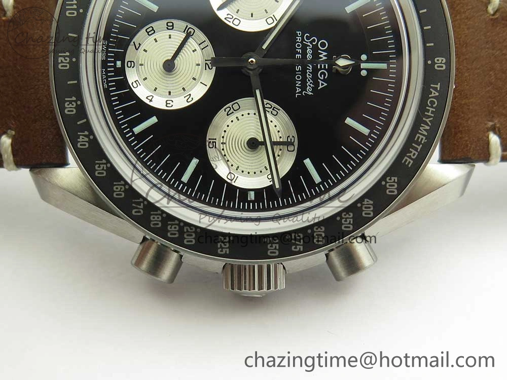 Speedmaster SS “Speedy Tuesday” OMF Best Edition Black Dial on Brown Leather Strap Manual Winding Chrono Movement Affordable 7988