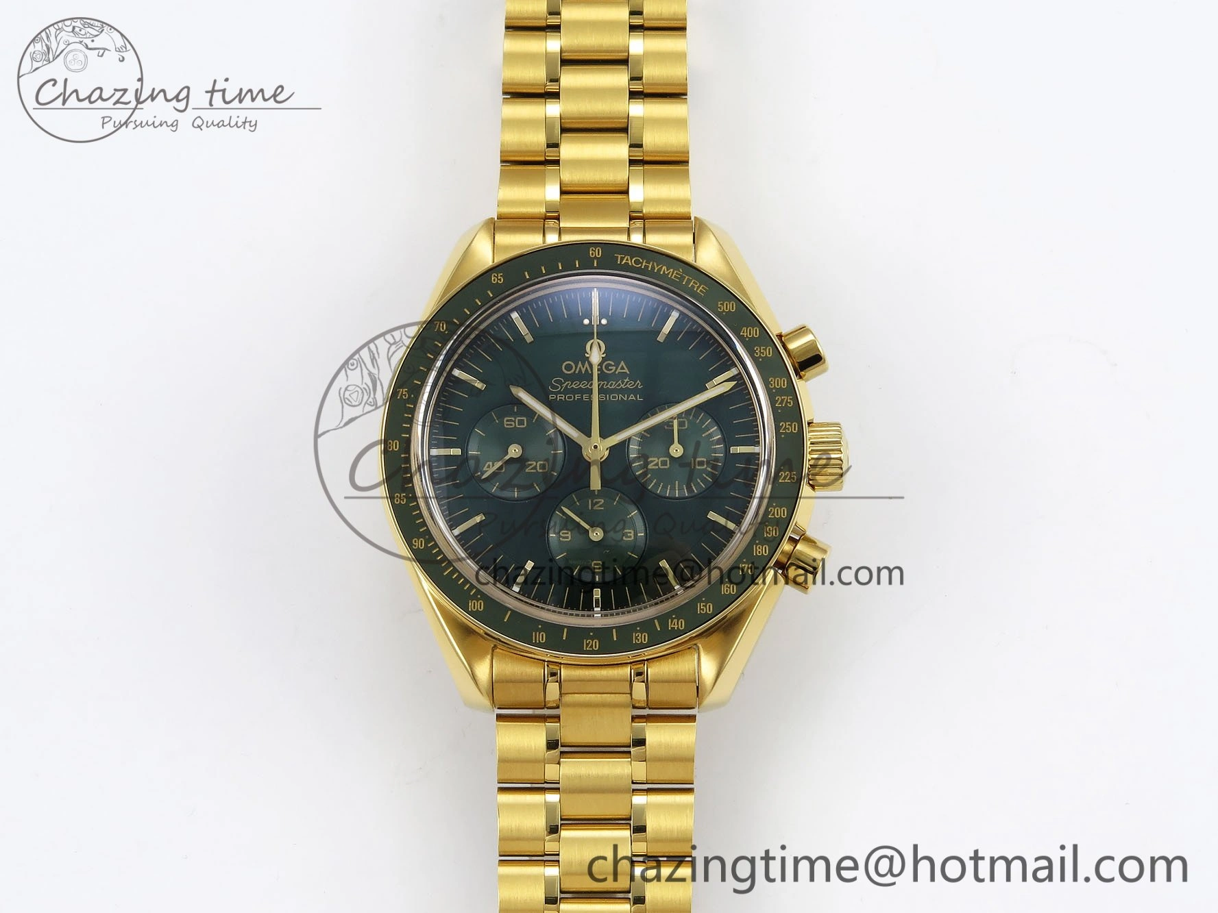Speedmaster YG RMF Best Edition Green Dial on YG Bracelet Lemania HW TravelReady 7728