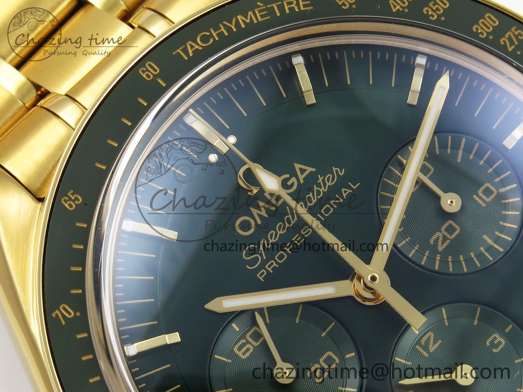 Speedmaster YG RMF Best Edition Green Dial on YG Bracelet Lemania HW TravelReady 7728