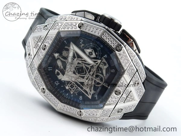 Sophisticated Spirit of Big Bang Sang Bleu SS Full Diamonds BLSF Edition Skeleton Dial on Black Rubber Strap A 6734