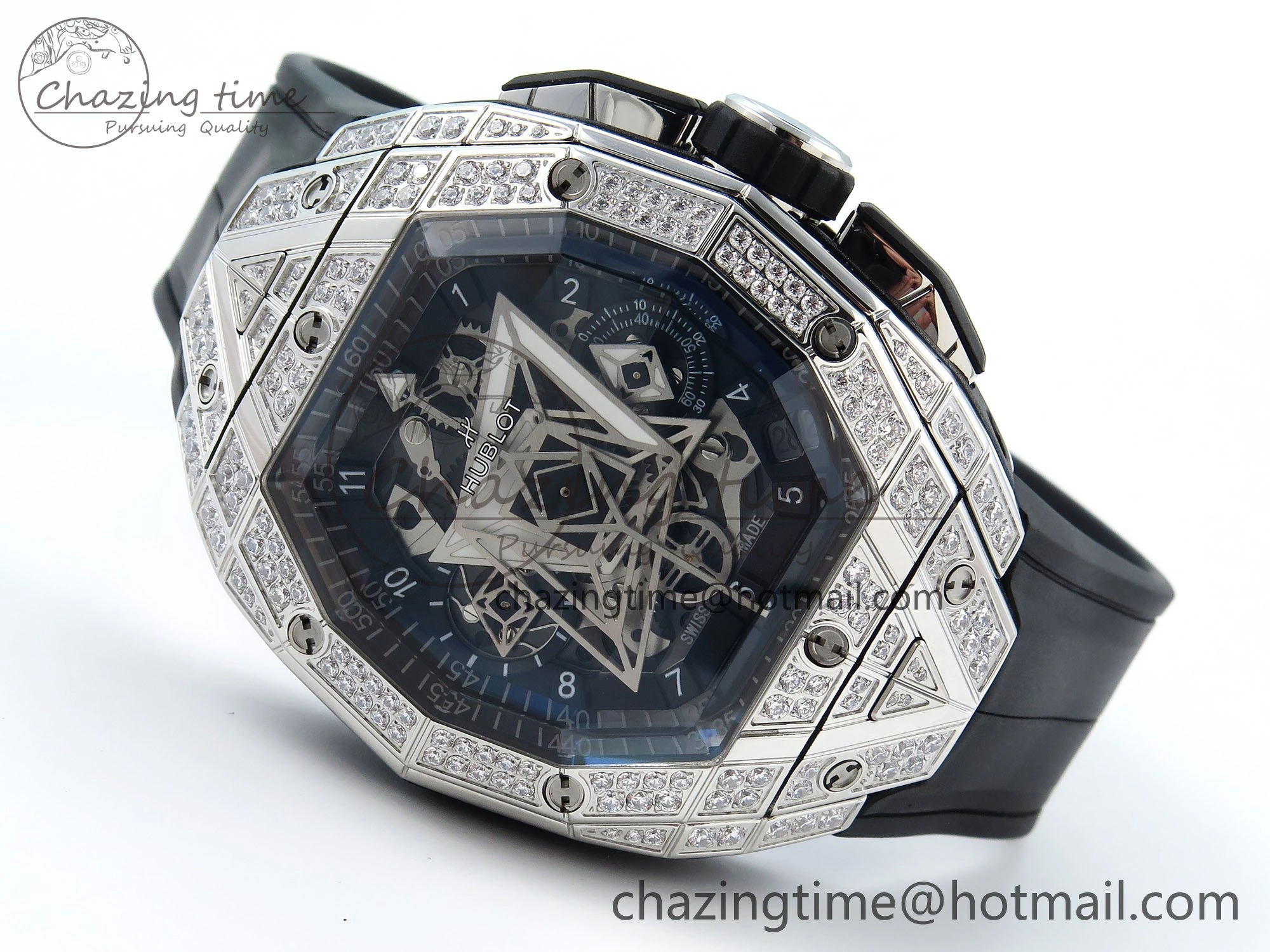 Sophisticated Spirit of Big Bang Sang Bleu SS Full Diamonds BLSF Edition Skeleton Dial on Black Rubber Strap A 6734