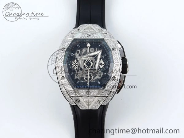 Sophisticated Spirit of Big Bang Sang Bleu SS Full Diamonds BLSF Edition Skeleton Dial on Black Rubber Strap A 6734
