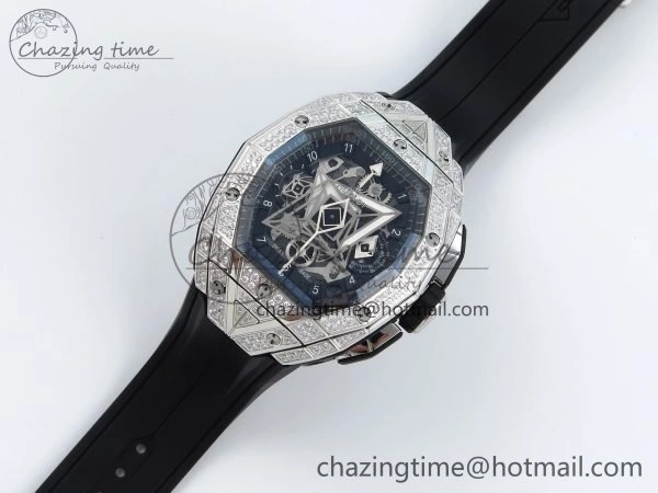 Sophisticated Spirit of Big Bang Sang Bleu SS Full Diamonds BLSF Edition Skeleton Dial on Black Rubber Strap A 6734