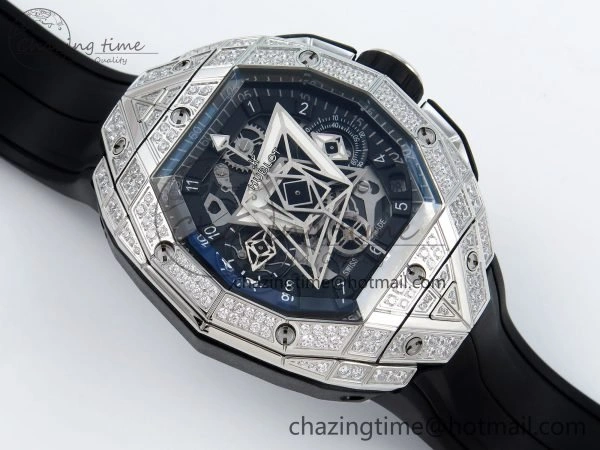 Sophisticated Spirit of Big Bang Sang Bleu SS Full Diamonds BLSF Edition Skeleton Dial on Black Rubber Strap A 6734