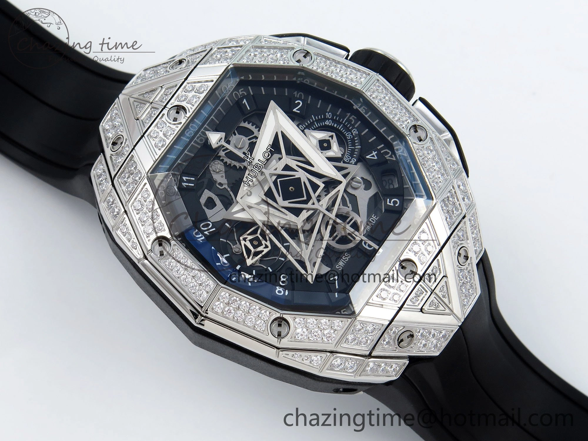 Sophisticated Spirit of Big Bang Sang Bleu SS Full Diamonds BLSF Edition Skeleton Dial on Black Rubber Strap A 6734