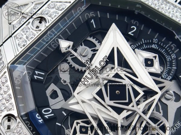 Sophisticated Spirit of Big Bang Sang Bleu SS Full Diamonds BLSF Edition Skeleton Dial on Black Rubber Strap A 6734