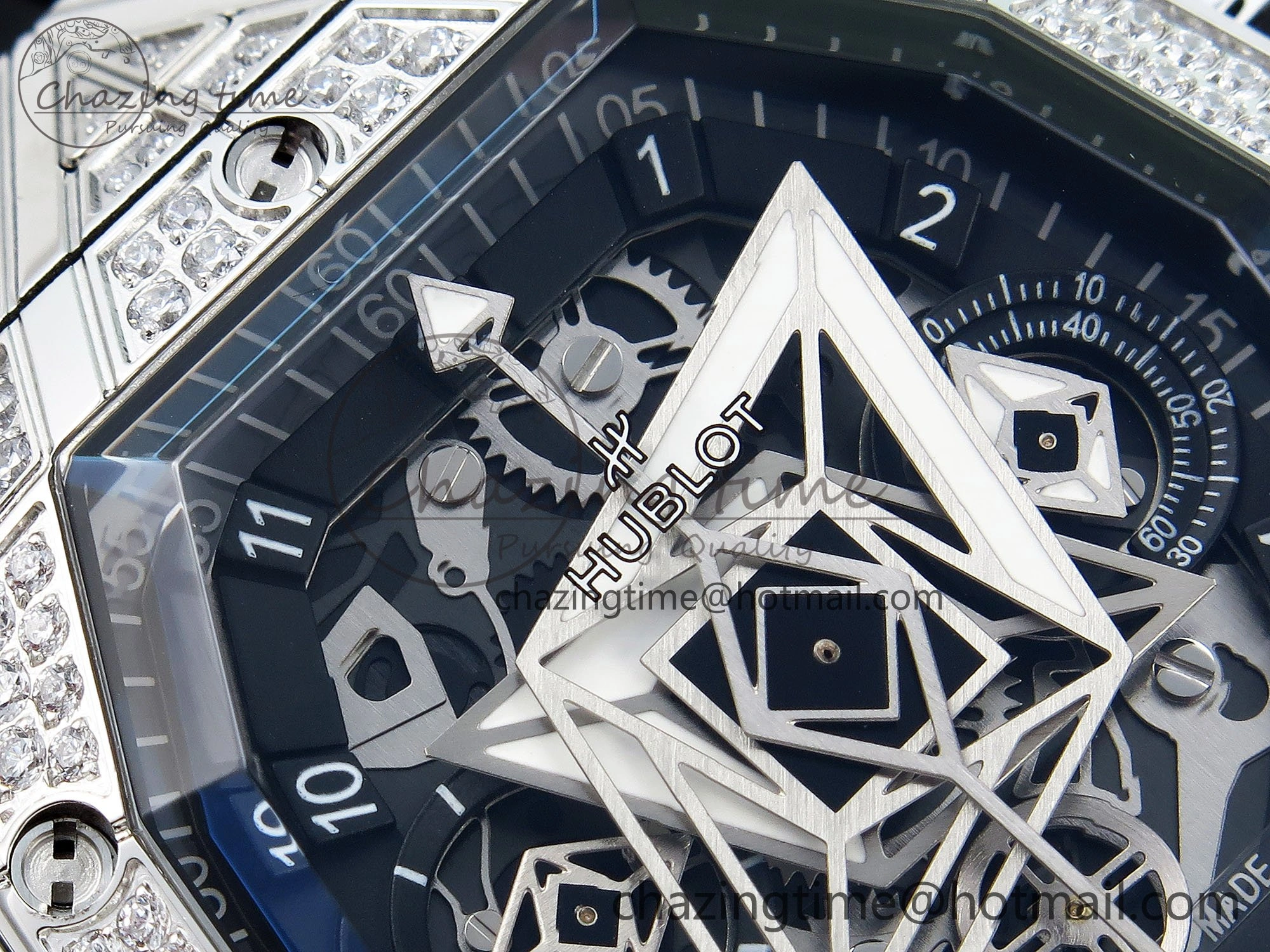 Sophisticated Spirit of Big Bang Sang Bleu SS Full Diamonds BLSF Edition Skeleton Dial on Black Rubber Strap A 6734