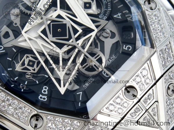 Sophisticated Spirit of Big Bang Sang Bleu SS Full Diamonds BLSF Edition Skeleton Dial on Black Rubber Strap A 6734