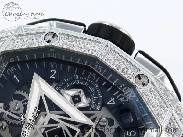 Sophisticated Spirit of Big Bang Sang Bleu SS Full Diamonds BLSF Edition Skeleton Dial on Black Rubber Strap A 6734