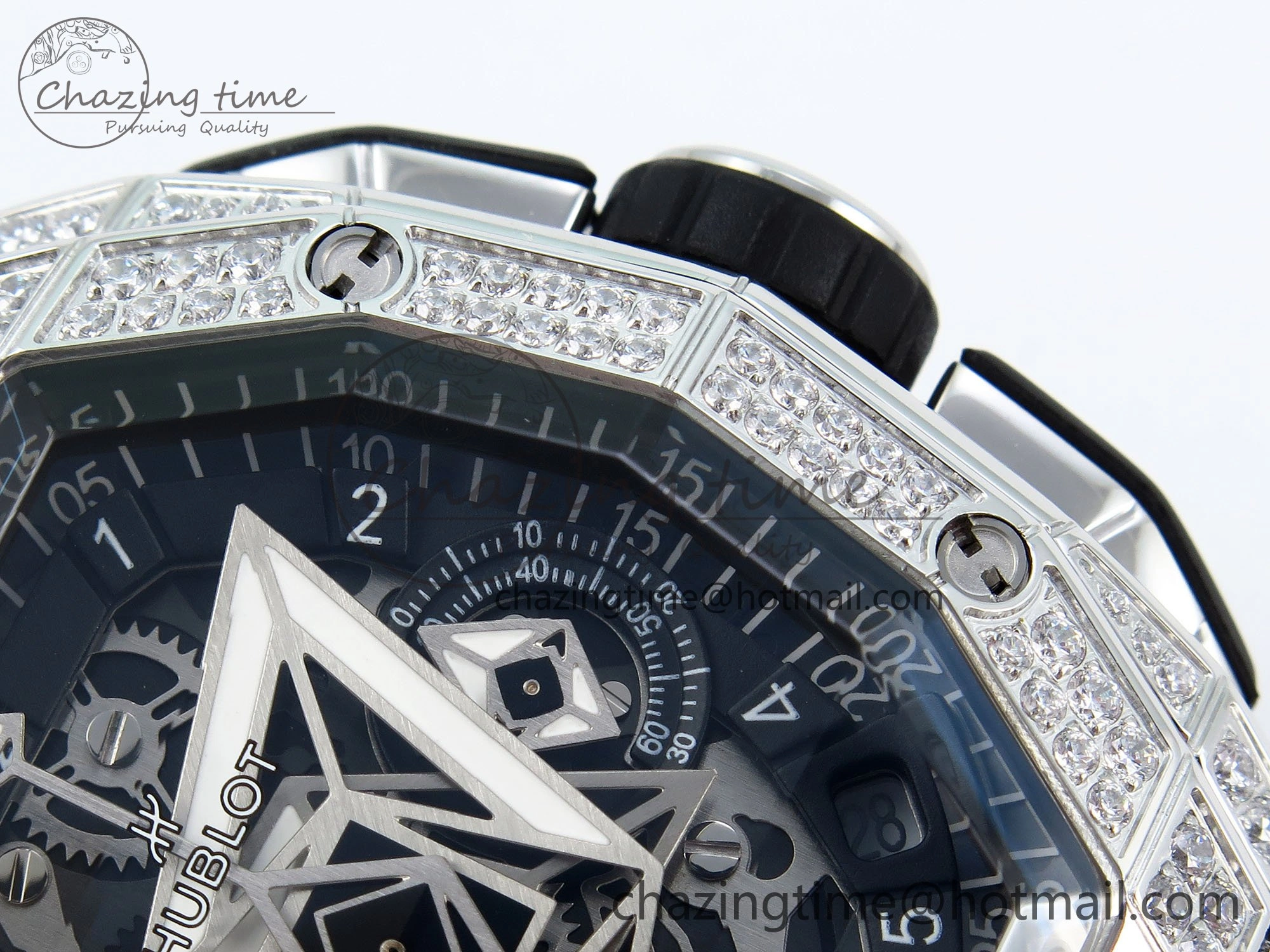 Sophisticated Spirit of Big Bang Sang Bleu SS Full Diamonds BLSF Edition Skeleton Dial on Black Rubber Strap A 6734