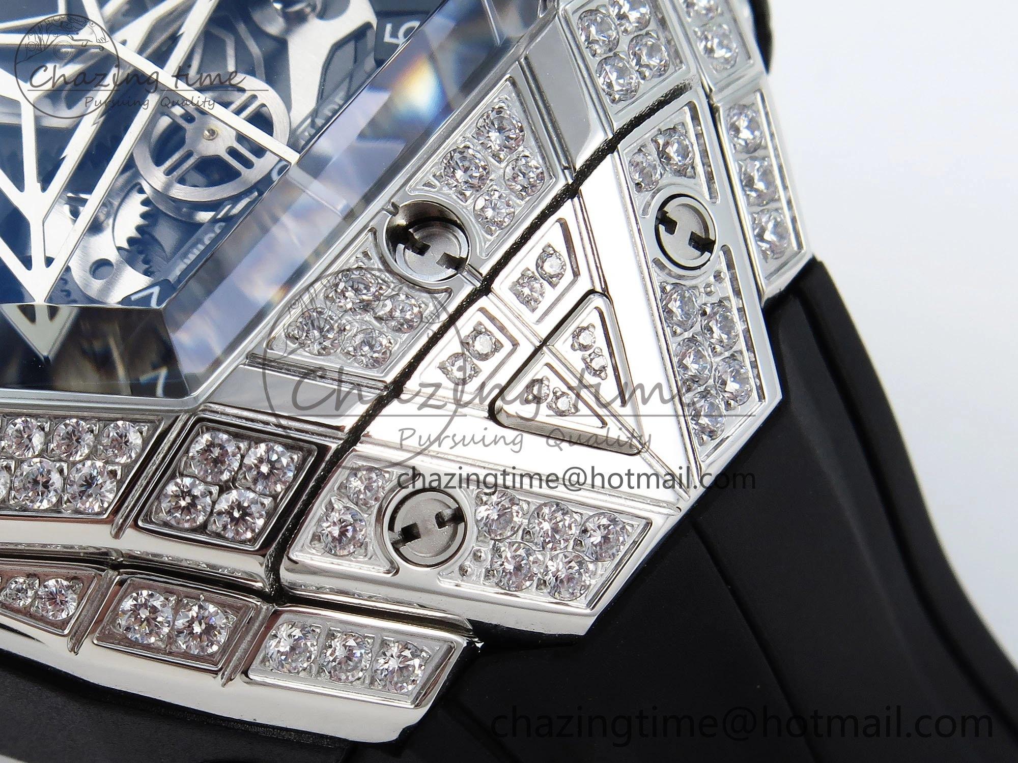 Sophisticated Spirit of Big Bang Sang Bleu SS Full Diamonds BLSF Edition Skeleton Dial on Black Rubber Strap A 6734