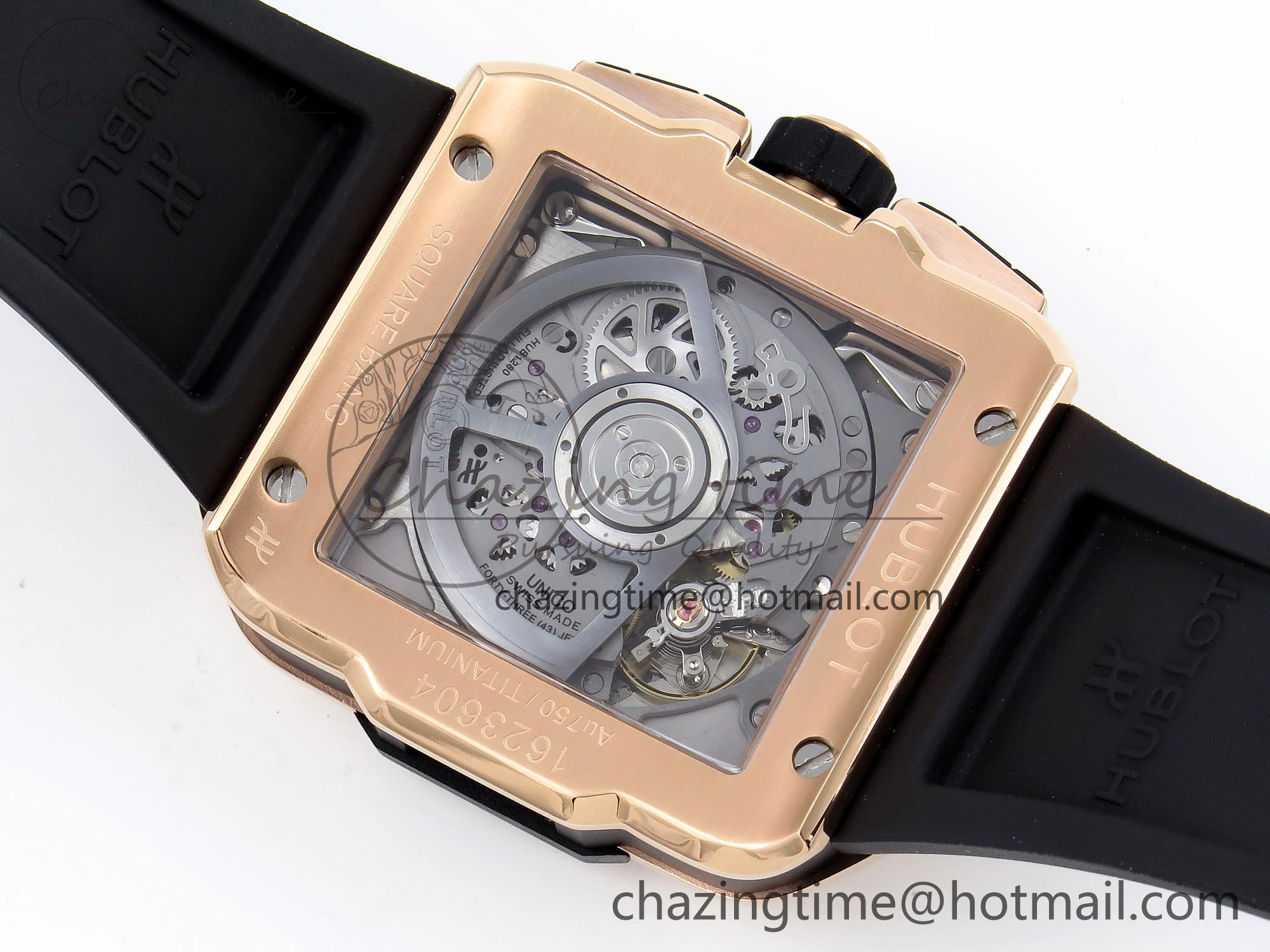 Flexible Square Bang Unico 42mm RG BBF 1:1 Best Edition Skeleton Dial Ceramic Bezel on Black Rubber Strap A 6741