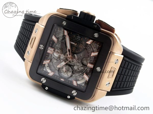 Flexible Square Bang Unico 42mm RG BBF 1:1 Best Edition Skeleton Dial Ceramic Bezel on Black Rubber Strap A 6741