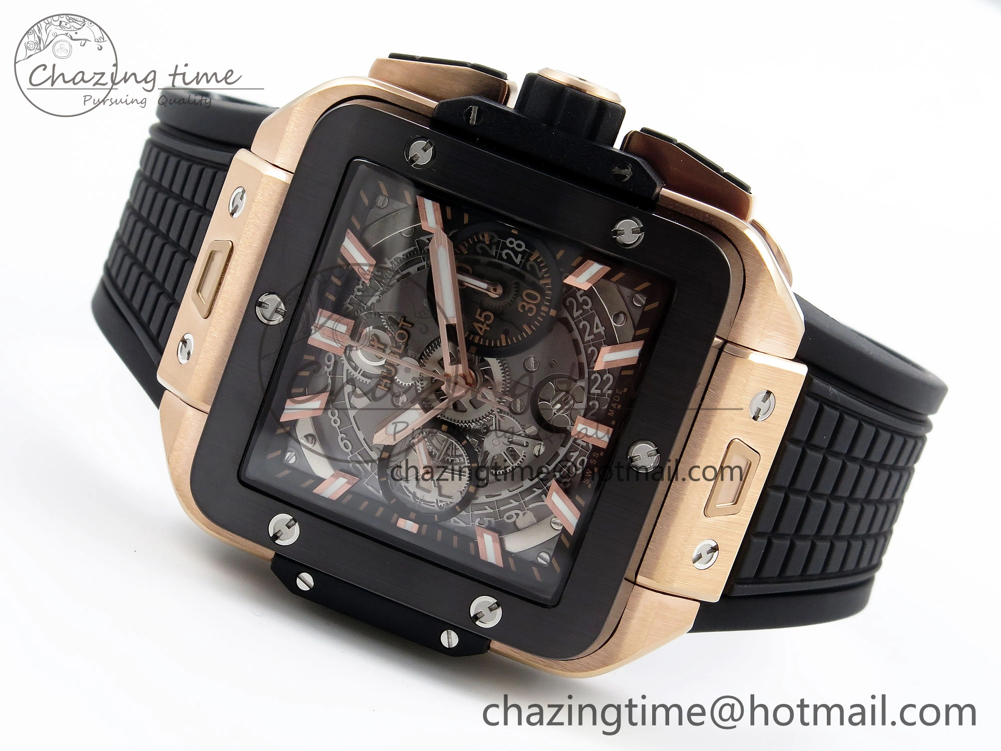 Flexible Square Bang Unico 42mm RG BBF 1:1 Best Edition Skeleton Dial Ceramic Bezel on Black Rubber Strap A 6741