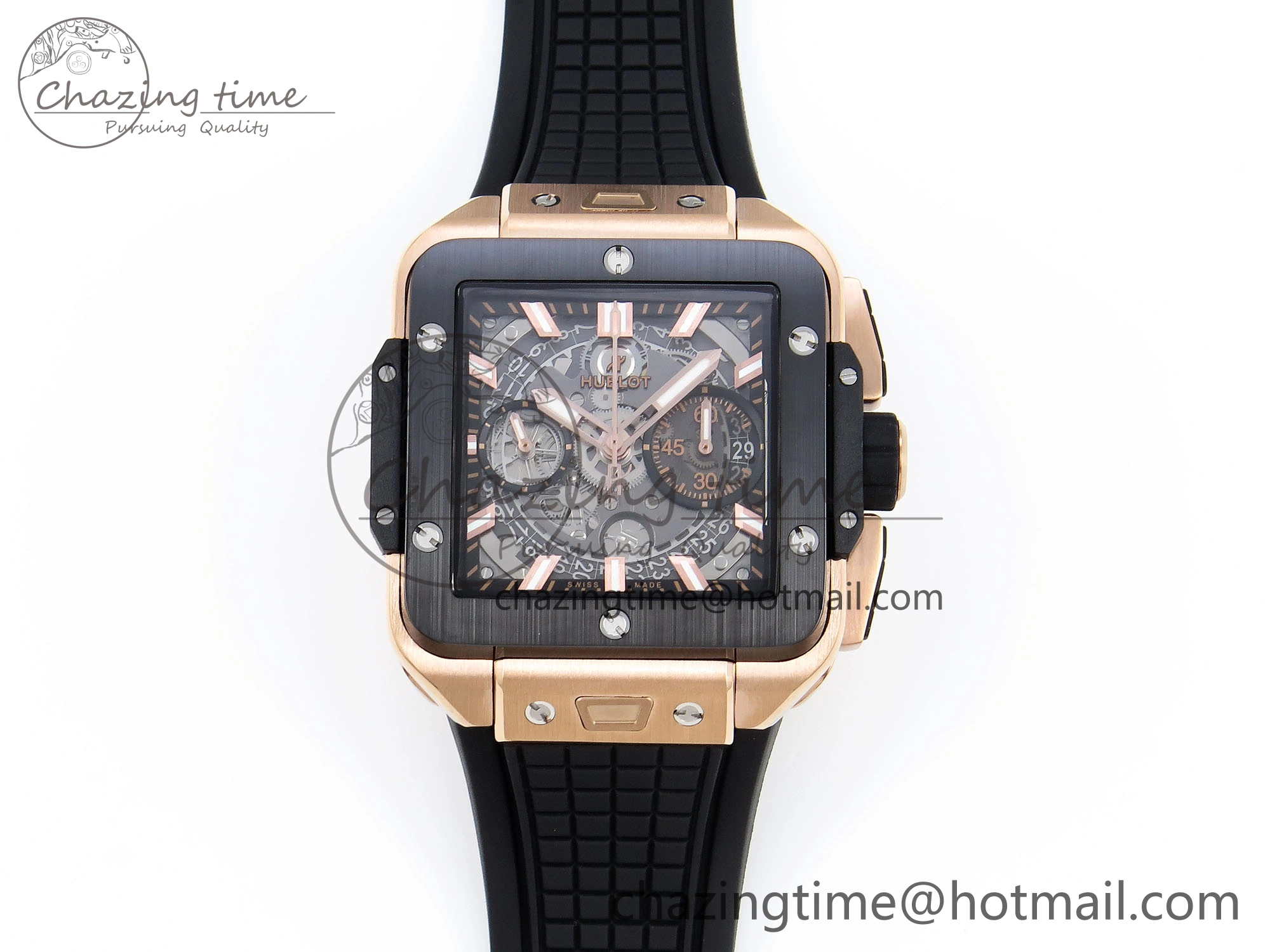 Flexible Square Bang Unico 42mm RG BBF 1:1 Best Edition Skeleton Dial Ceramic Bezel on Black Rubber Strap A 6741
