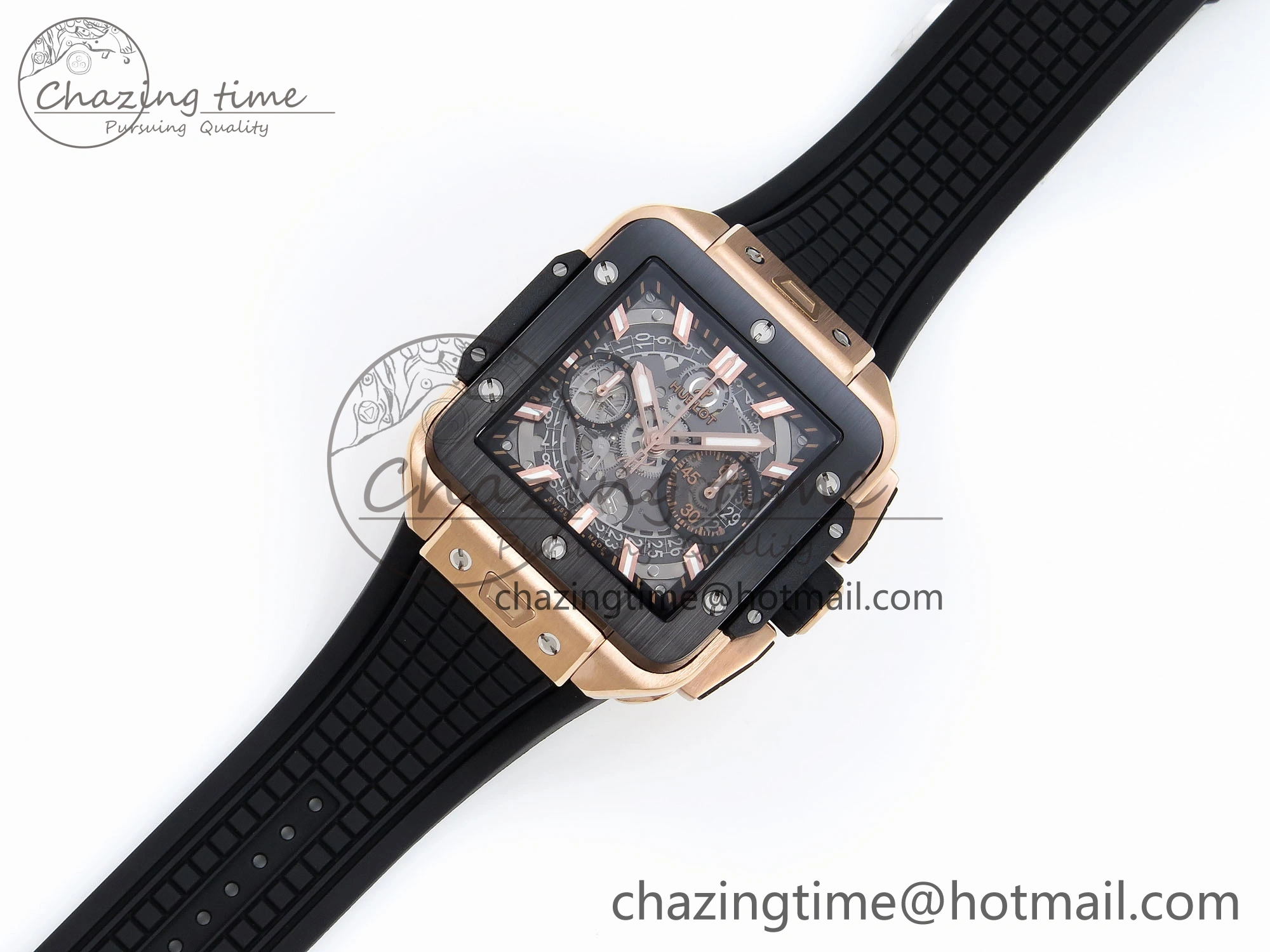 Flexible Square Bang Unico 42mm RG BBF 1:1 Best Edition Skeleton Dial Ceramic Bezel on Black Rubber Strap A 6741