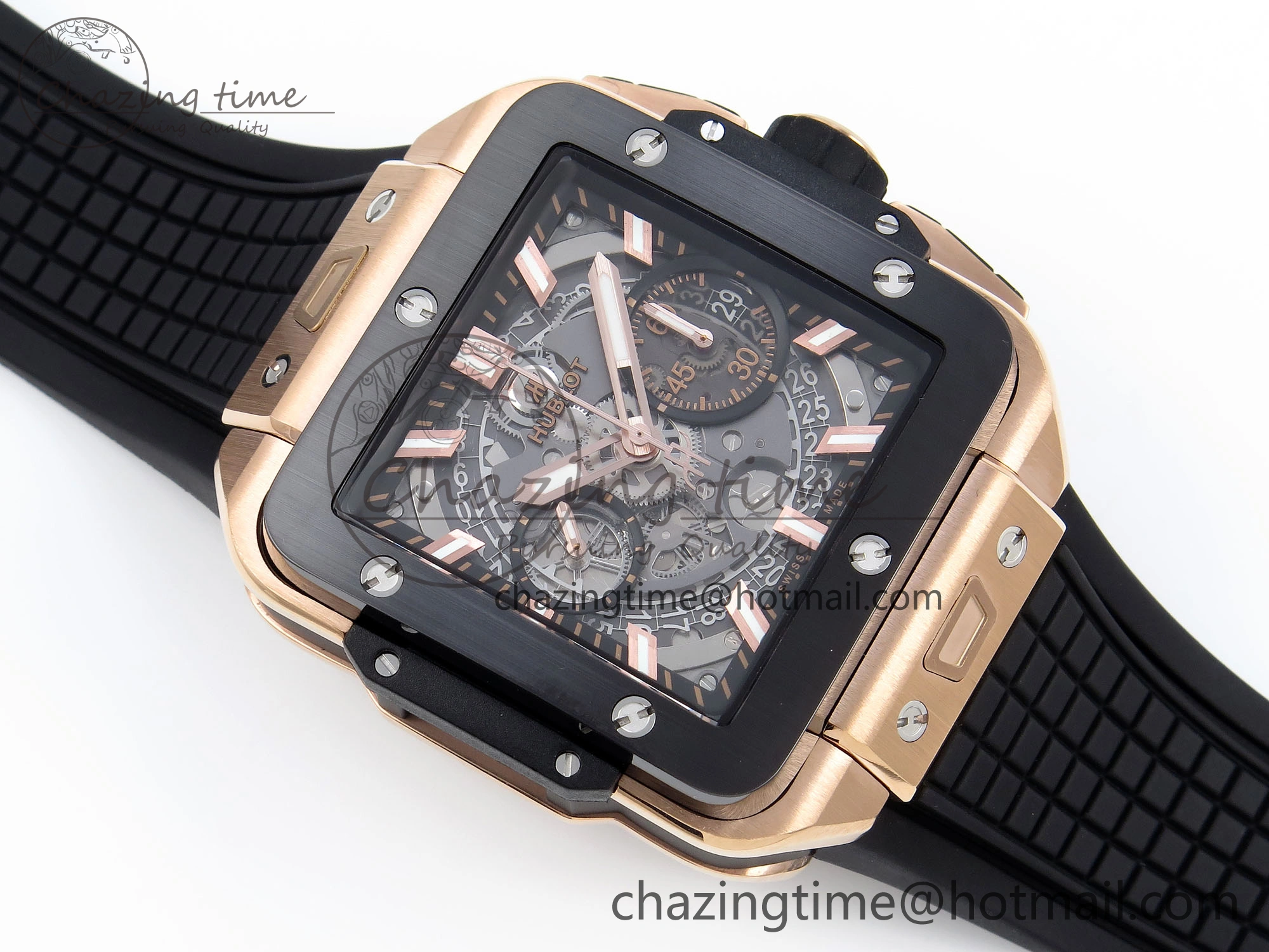 Flexible Square Bang Unico 42mm RG BBF 1:1 Best Edition Skeleton Dial Ceramic Bezel on Black Rubber Strap A 6741