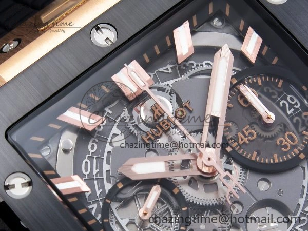 Flexible Square Bang Unico 42mm RG BBF 1:1 Best Edition Skeleton Dial Ceramic Bezel on Black Rubber Strap A 6741
