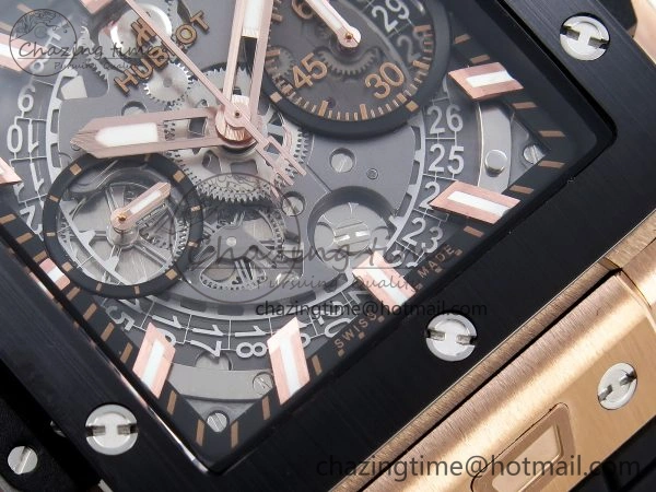 Flexible Square Bang Unico 42mm RG BBF 1:1 Best Edition Skeleton Dial Ceramic Bezel on Black Rubber Strap A 6741