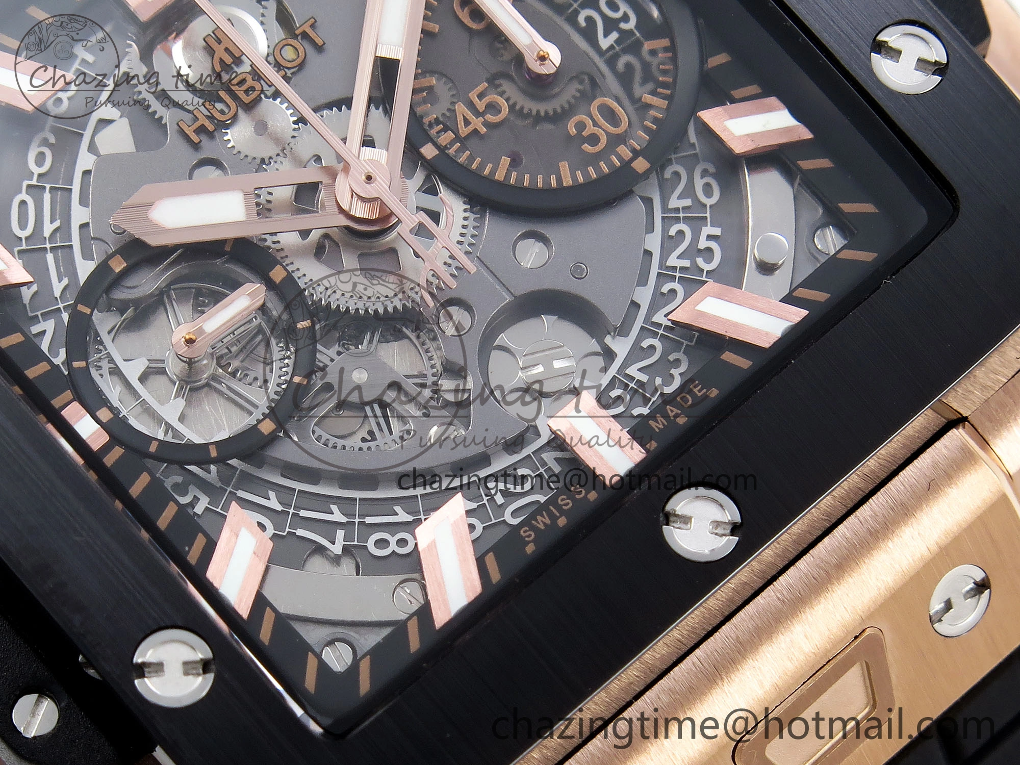Flexible Square Bang Unico 42mm RG BBF 1:1 Best Edition Skeleton Dial Ceramic Bezel on Black Rubber Strap A 6741