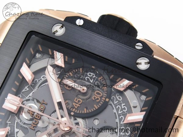 Flexible Square Bang Unico 42mm RG BBF 1:1 Best Edition Skeleton Dial Ceramic Bezel on Black Rubber Strap A 6741