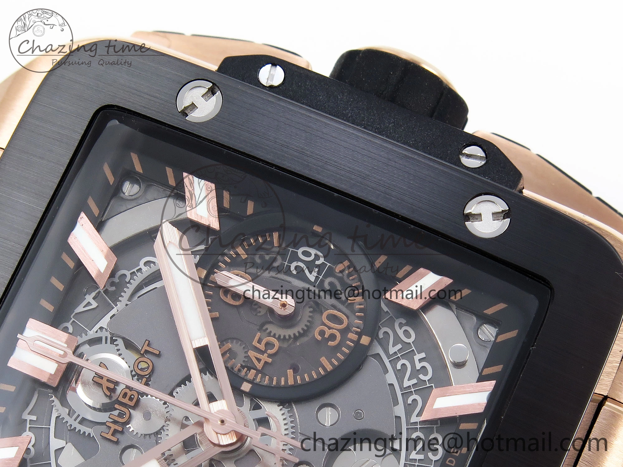 Flexible Square Bang Unico 42mm RG BBF 1:1 Best Edition Skeleton Dial Ceramic Bezel on Black Rubber Strap A 6741