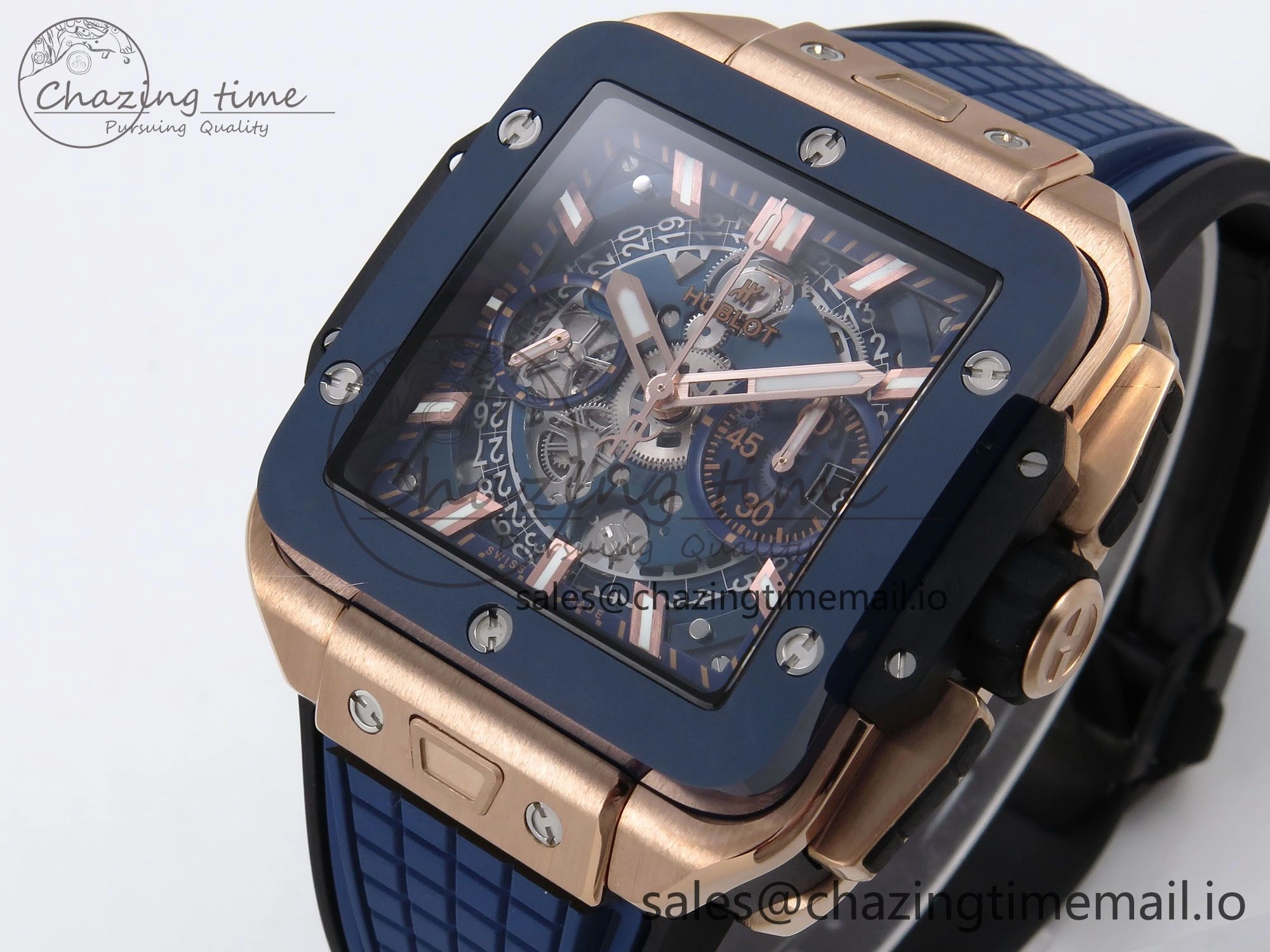 Square Bang Unico 42mm RG Ceramic BBF 1:1 Best Edition Skeleton Dial on Blue Rubber Strap A TimelessDesign 6722