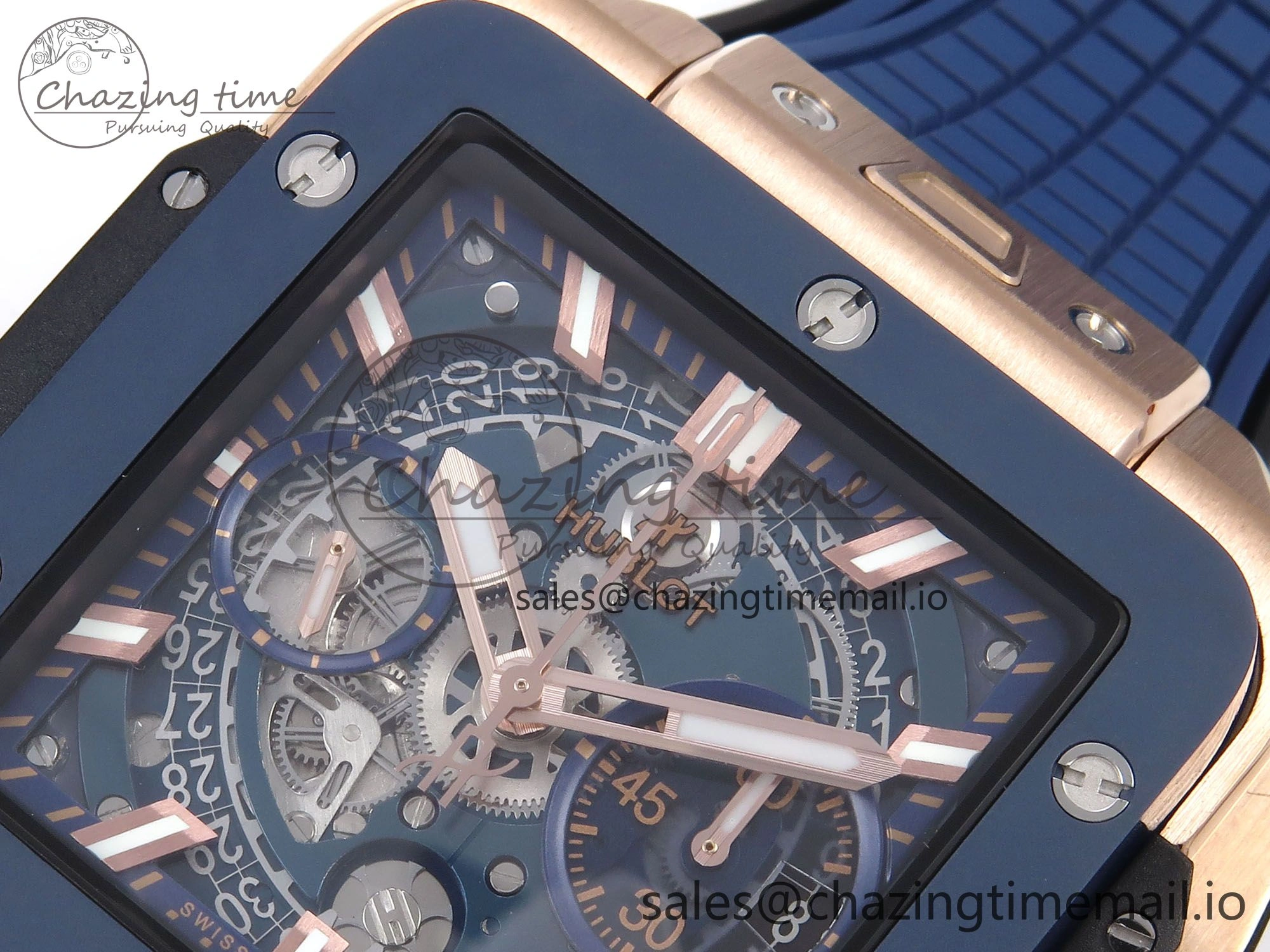Square Bang Unico 42mm RG Ceramic BBF 1:1 Best Edition Skeleton Dial on Blue Rubber Strap A TimelessDesign 6722