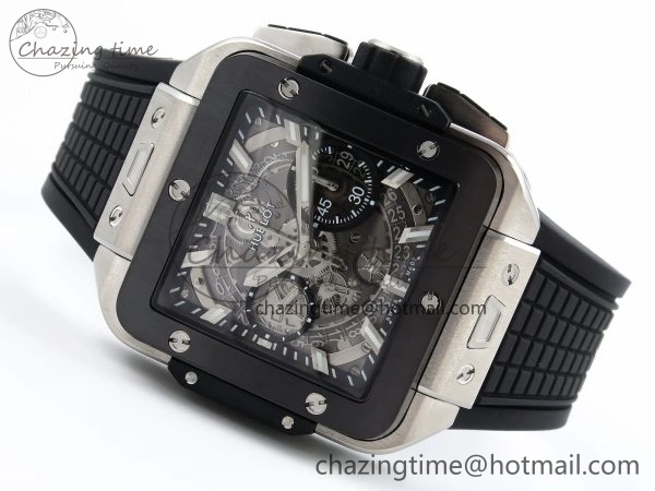 Original Square Bang Unico 42mm Titanium BBF 1:1 Best Edition Skeleton Dial Ceramic Bezel on Black Rubber Strap A 6739