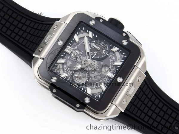 Original Square Bang Unico 42mm Titanium BBF 1:1 Best Edition Skeleton Dial Ceramic Bezel on Black Rubber Strap A 6739