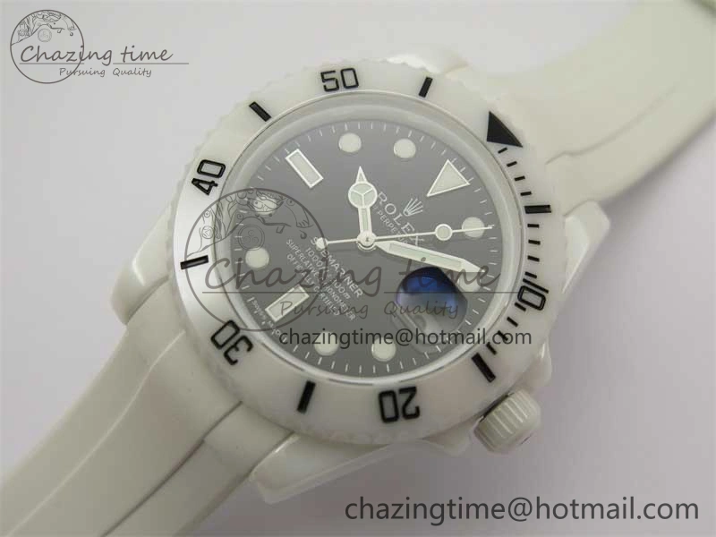 WellDesigned Submariner 40mm White Ceramic 5GF Best Edition Black Dial on White Rubber Strap SA 2480
