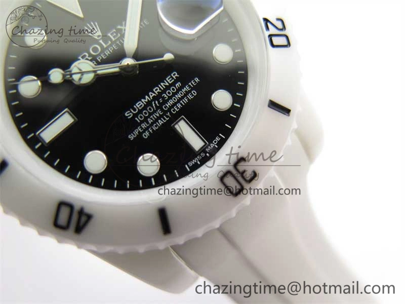 WellDesigned Submariner 40mm White Ceramic 5GF Best Edition Black Dial on White Rubber Strap SA 2480