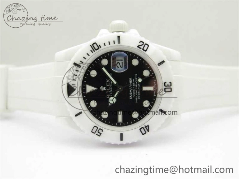 WellDesigned Submariner 40mm White Ceramic 5GF Best Edition Black Dial on White Rubber Strap SA 2480