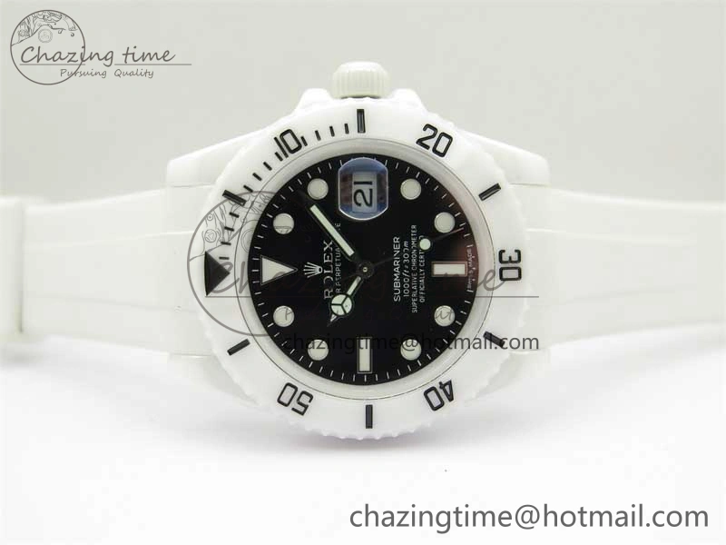 WellDesigned Submariner 40mm White Ceramic 5GF Best Edition Black Dial on White Rubber Strap SA 2480