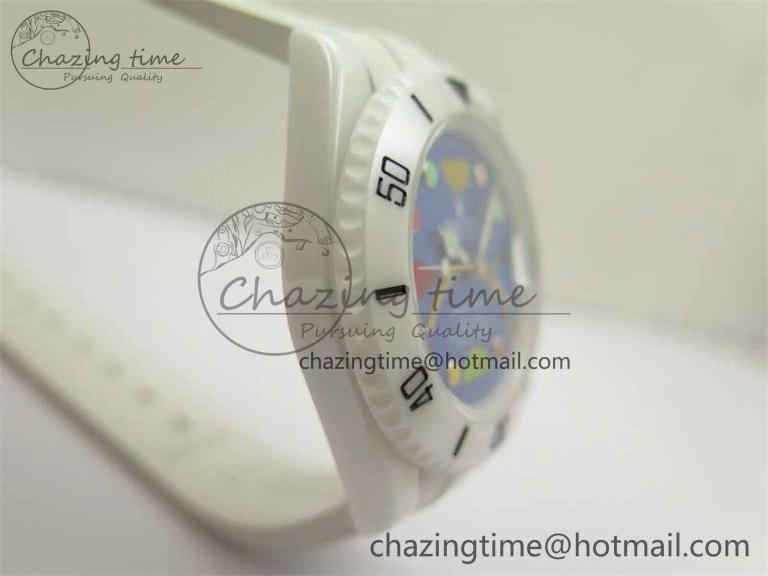 DailyWear Submariner 40mm White Ceramic 5GF Best Edition Blue Rainbow Dial on White Rubber Strap SA 2483