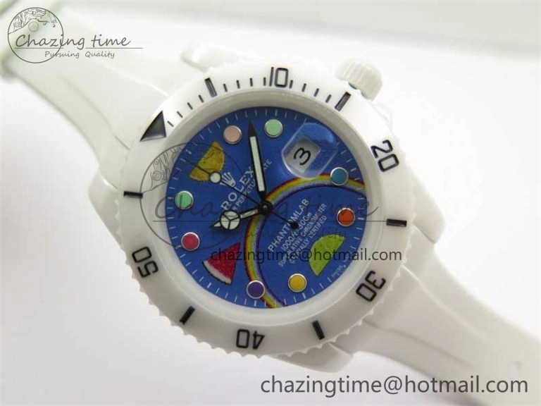 DailyWear Submariner 40mm White Ceramic 5GF Best Edition Blue Rainbow Dial on White Rubber Strap SA 2483