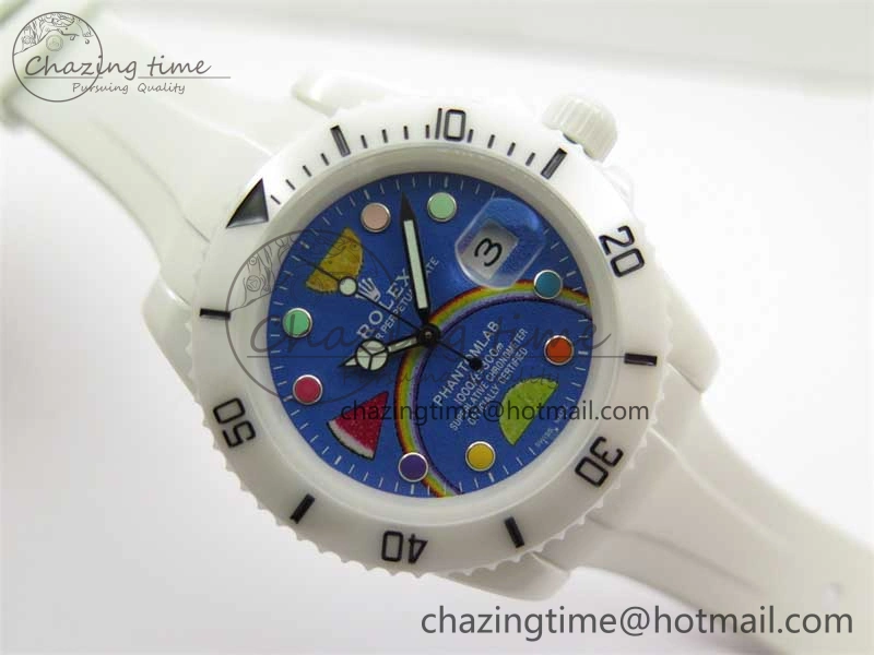 DailyWear Submariner 40mm White Ceramic 5GF Best Edition Blue Rainbow Dial on White Rubber Strap SA 2483