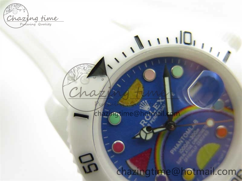 DailyWear Submariner 40mm White Ceramic 5GF Best Edition Blue Rainbow Dial on White Rubber Strap SA 2483