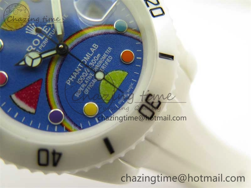 DailyWear Submariner 40mm White Ceramic 5GF Best Edition Blue Rainbow Dial on White Rubber Strap SA 2483