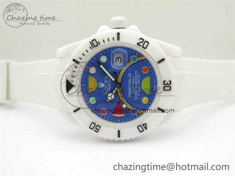 DailyWear Submariner 40mm White Ceramic 5GF Best Edition Blue Rainbow Dial on White Rubber Strap SA 2483