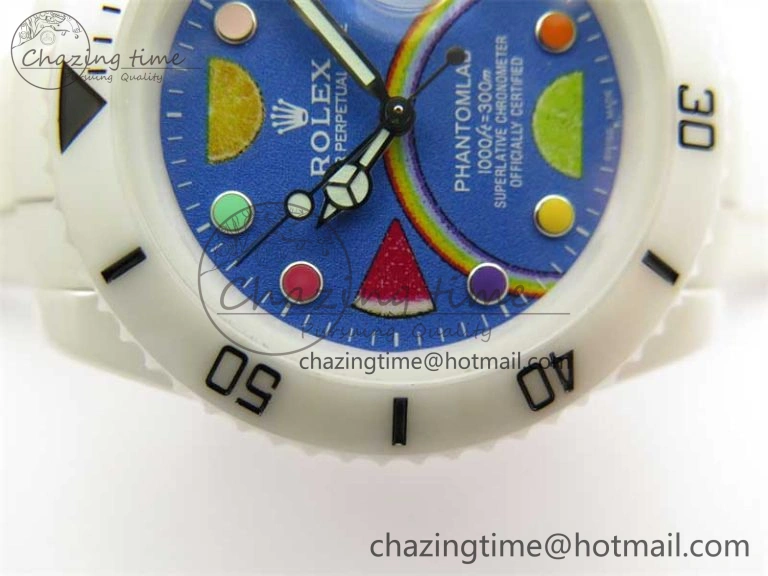 DailyWear Submariner 40mm White Ceramic 5GF Best Edition Blue Rainbow Dial on White Rubber Strap SA 2483
