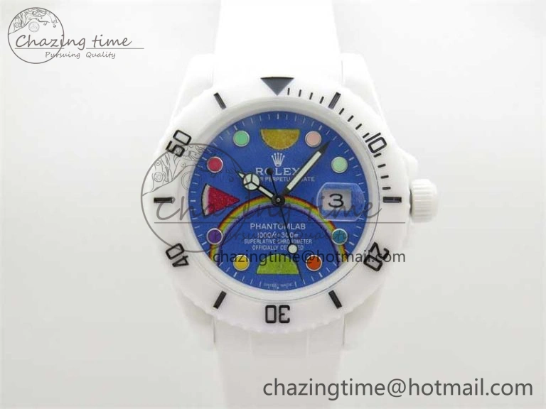 DailyWear Submariner 40mm White Ceramic 5GF Best Edition Blue Rainbow Dial on White Rubber Strap SA 2483