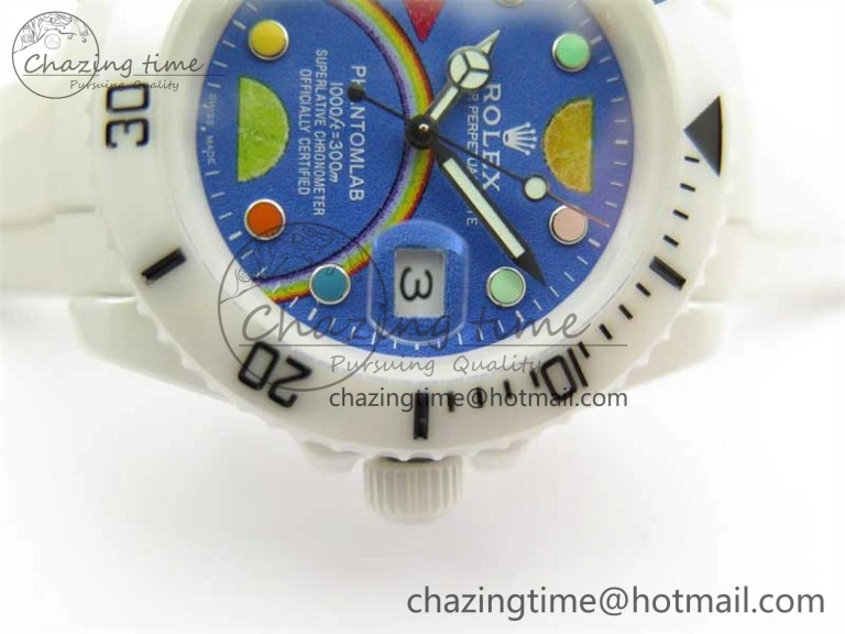 DailyWear Submariner 40mm White Ceramic 5GF Best Edition Blue Rainbow Dial on White Rubber Strap SA 2483