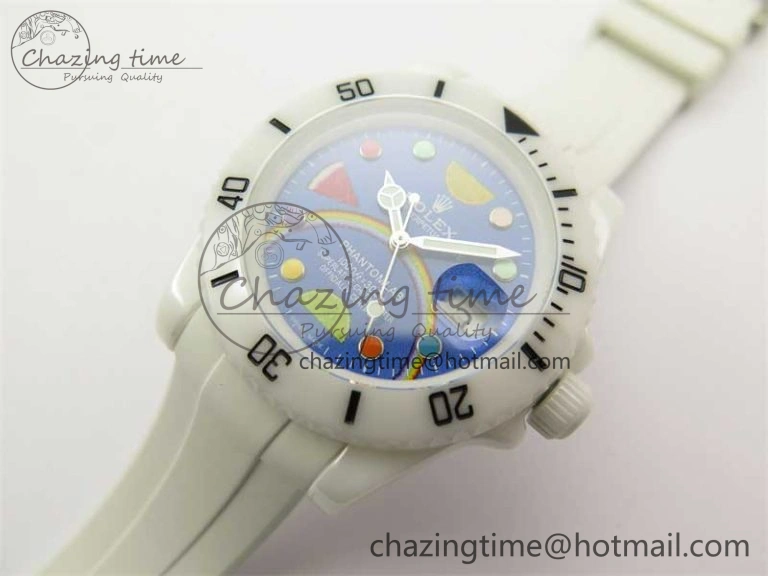 DailyWear Submariner 40mm White Ceramic 5GF Best Edition Blue Rainbow Dial on White Rubber Strap SA 2483
