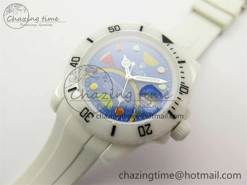 DailyWear Submariner 40mm White Ceramic 5GF Best Edition Blue Rainbow Dial on White Rubber Strap SA 2483