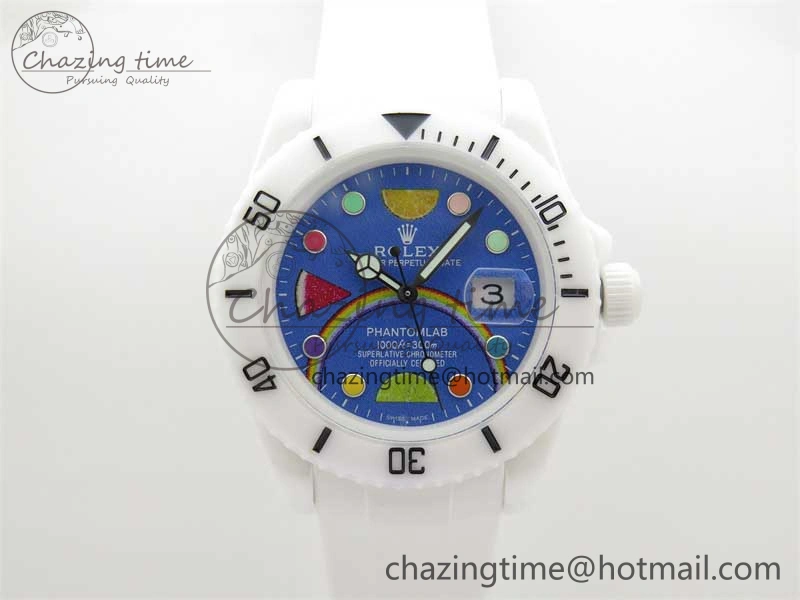 DailyWear Submariner 40mm White Ceramic 5GF Best Edition Blue Rainbow Dial on White Rubber Strap SA 2483