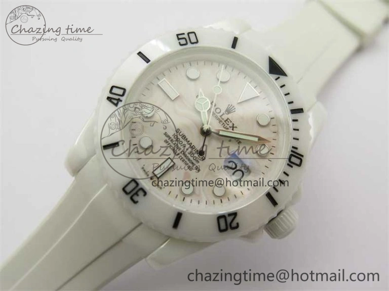 Cozy Submariner 40mm White Ceramic 5GF Best Edition Cream Dial on White Rubber Strap SA 2478