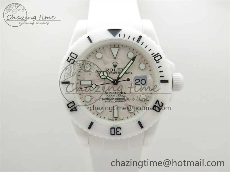Cozy Submariner 40mm White Ceramic 5GF Best Edition Cream Dial on White Rubber Strap SA 2478